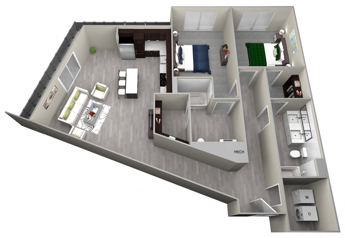 Floor plan for 2 beds, 2 baths, 1250 sqft